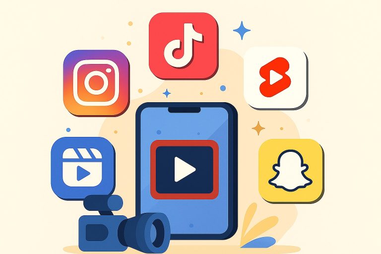 短影片平台插圖展示了 TikTok、YouTube Shorts、Instagram Reels 和 Snapchat